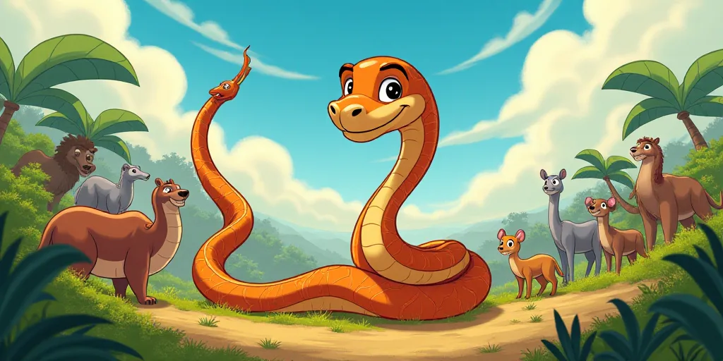 a cartoon character with many animals around him and a snake in the background with a sky background