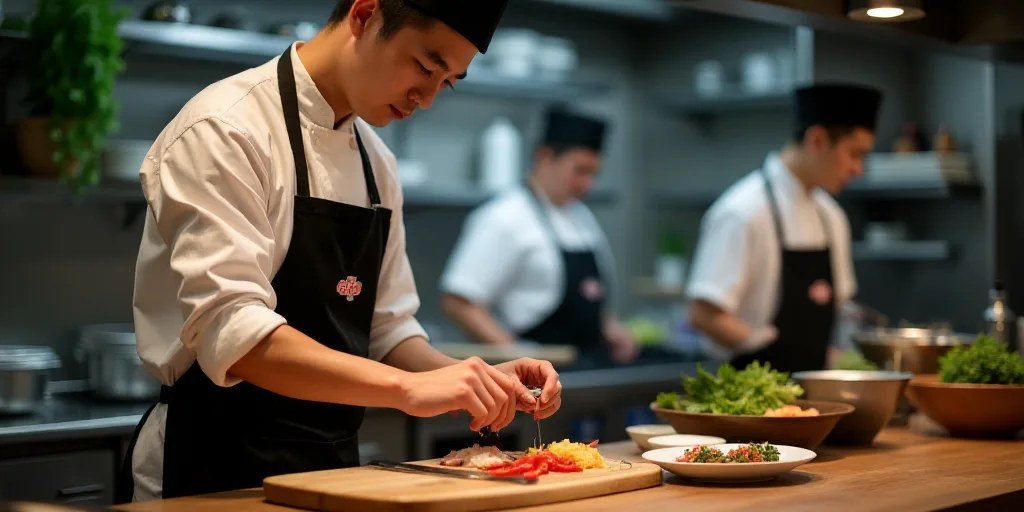 a chef is preparing food in a kitchen with two other chefs in the background and a table with a bowl