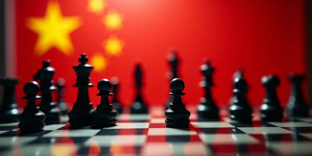 a chess board with a bunch of chess pieces on it and a flag in the background of the board, Dong Yua