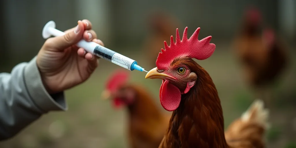a chicken is in the background with a syringe in its hand and a chicken is in the foreground, Avgust