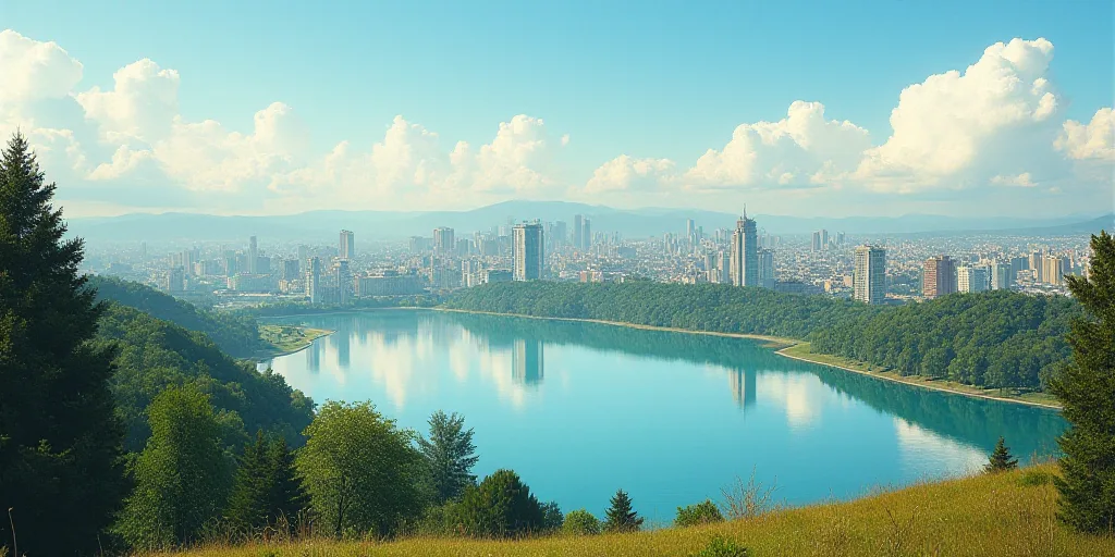 a city is seen across a lake with a few buildings in the background and a few trees in the foregroun