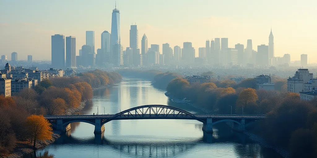 a city skyline with a river running through it and a bridge in the foreground and a bridge in the fo