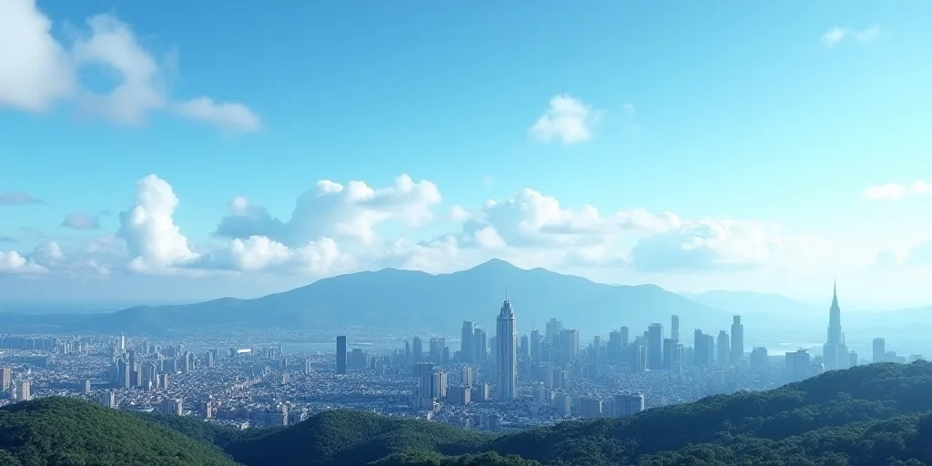 a city skyline with mountains in the background and a blue sky in the foreground with a few clouds,