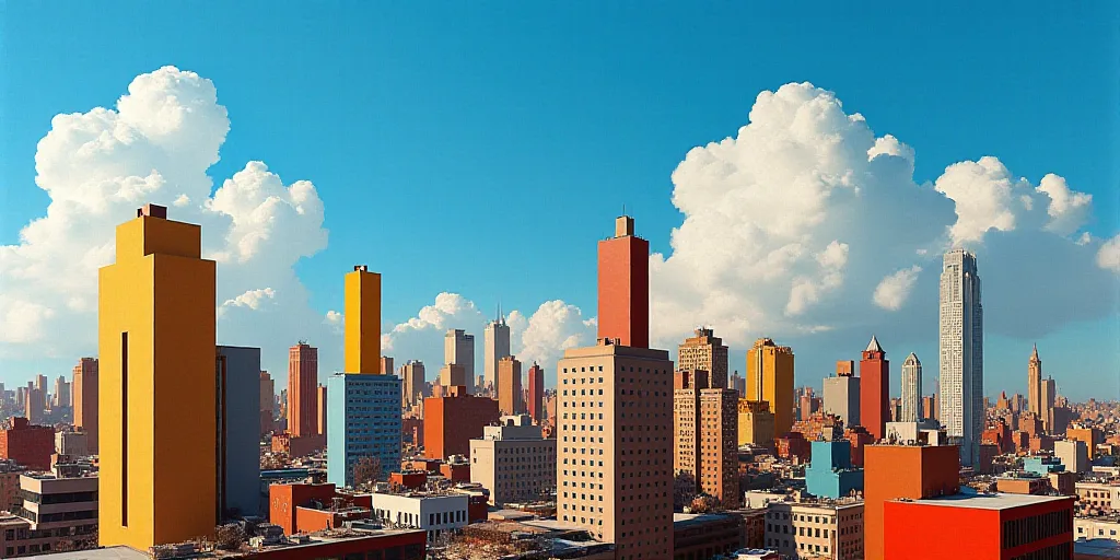 a city skyline with tall buildings and a blue sky in the background with clouds in the sky and a few