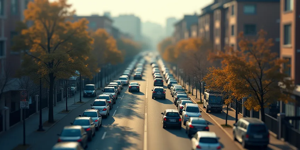 a city street with lots of cars parked on the side of it and a lot of buildings on the other side, B