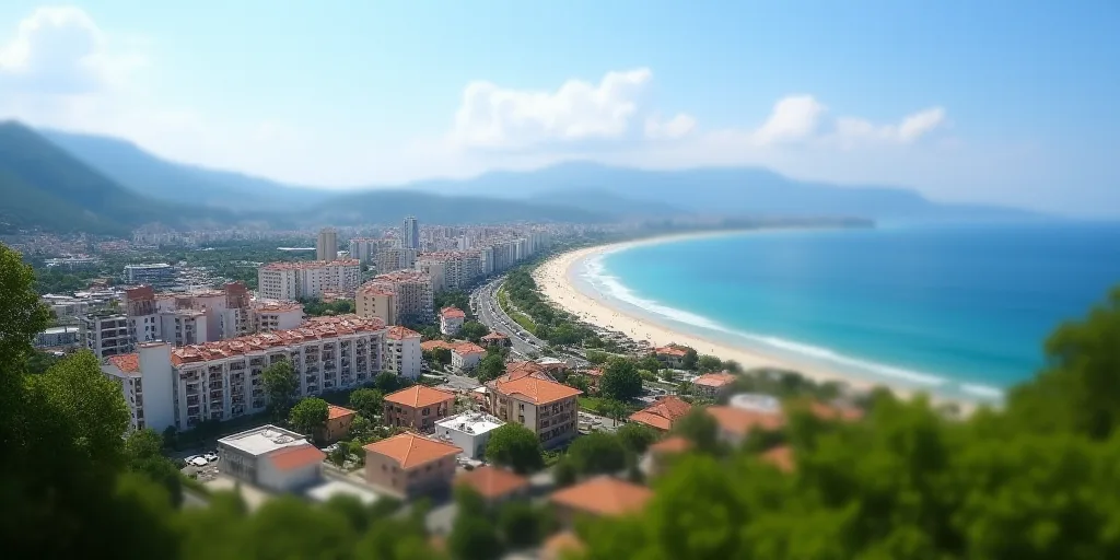 a city with a beach and a body of water in the background with buildings and trees in the foreground