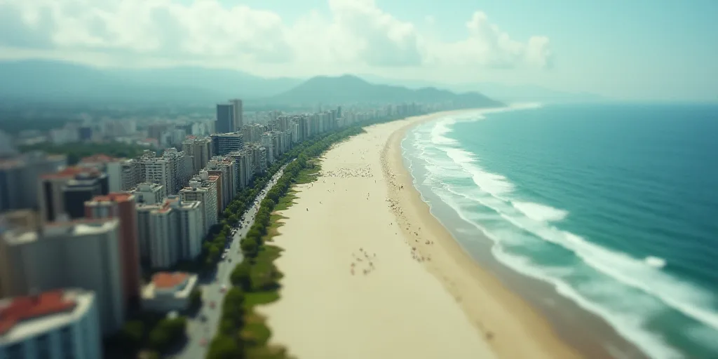 a city with a beach and ocean in the background and a city in the foreground with buildings and peop