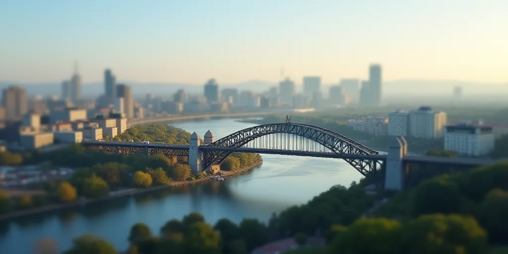 a city with a bridge and a bridge over it with a sky line above it and a city below, Aquirax Uno, bl