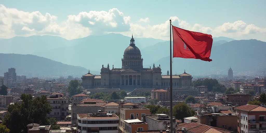 a city with a flag flying in the foreground and a large building with a dome on top of it, Eddie Men