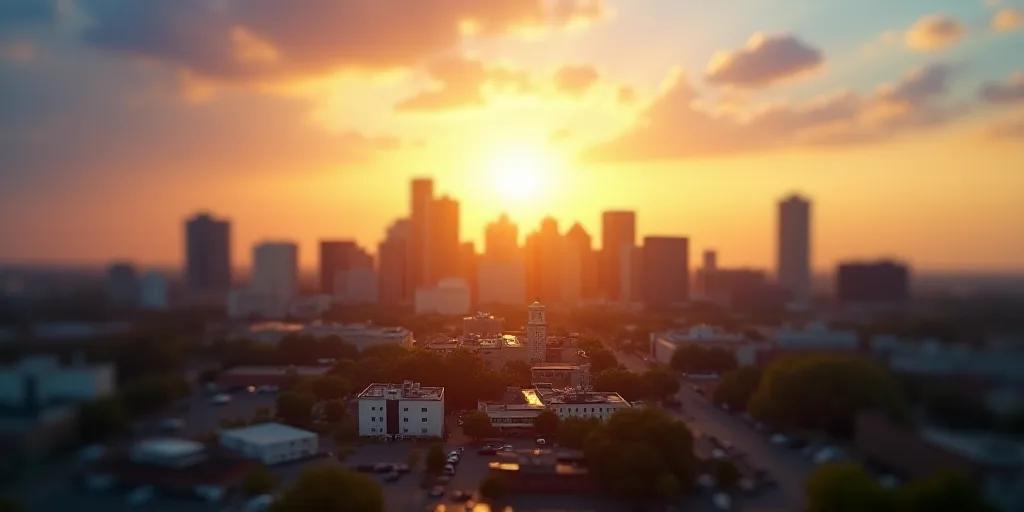 a city with a lot of buildings and a sky line in the background with a bright sun in the sky, Arling