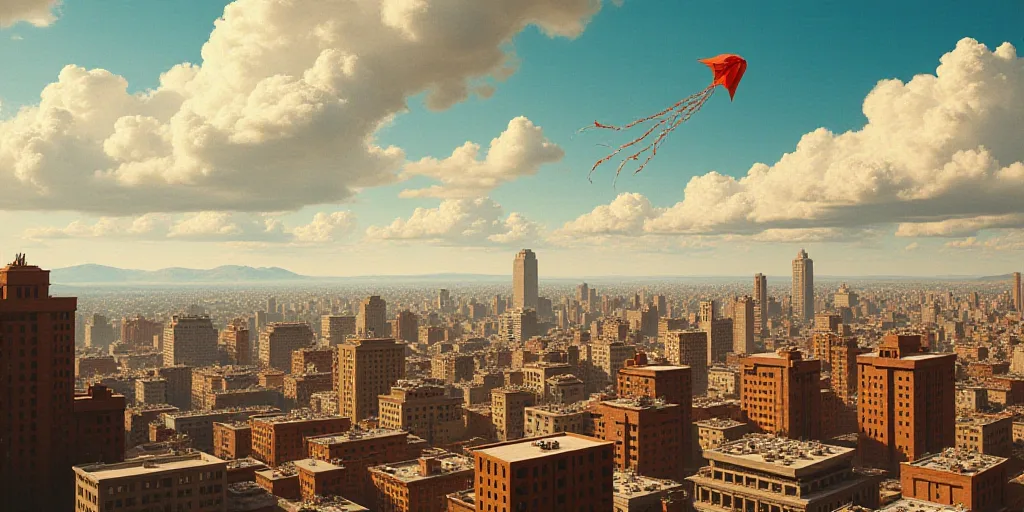a city with a lot of buildings and a kite flying in the sky above it and a cloudy sky, David Alfaro