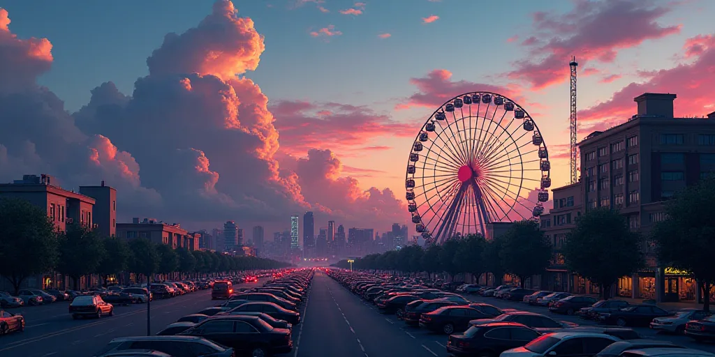 a city with a lot of cars parked in it at dusk time with a sky full of clouds and a ferris wheel, Ed