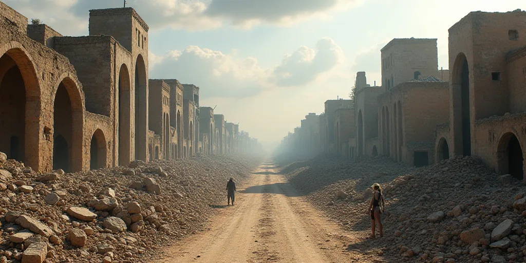 a city with a lot of rubble and buildings in it and a dirt road running through it with people walki