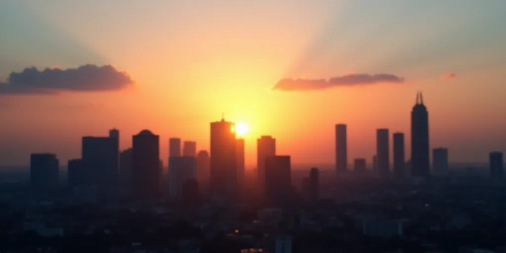 a city with a lot of tall buildings and a sunset in the background with a few clouds in the sky, Edd