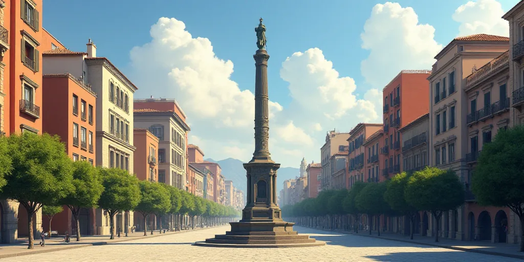 a city with a lot of tall buildings and a statue in the middle of the street in front of it, Chica M