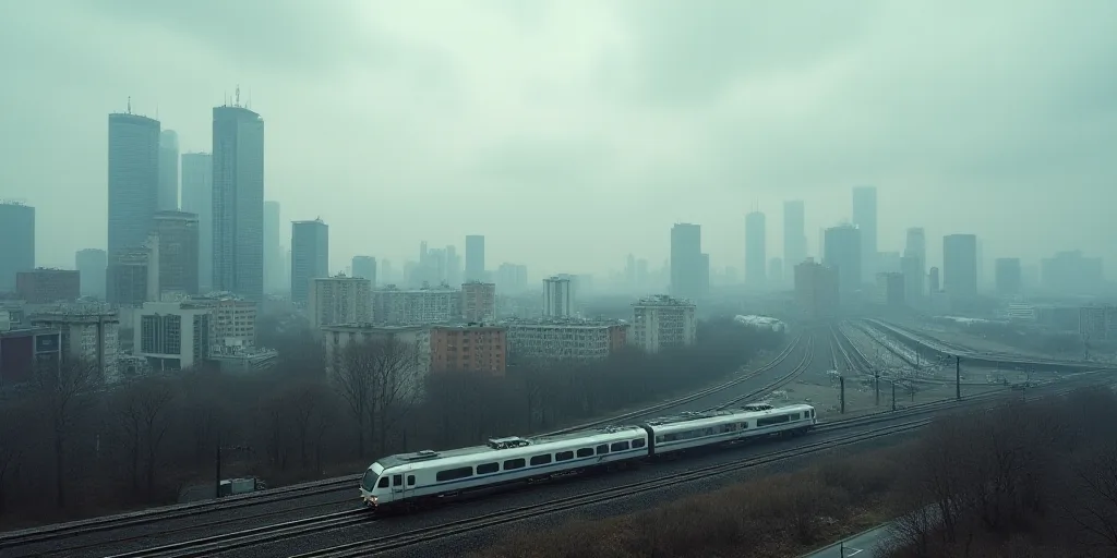 a city with a lot of tall buildings and a cloudy sky above it, with a train on the tracks, Andreas G