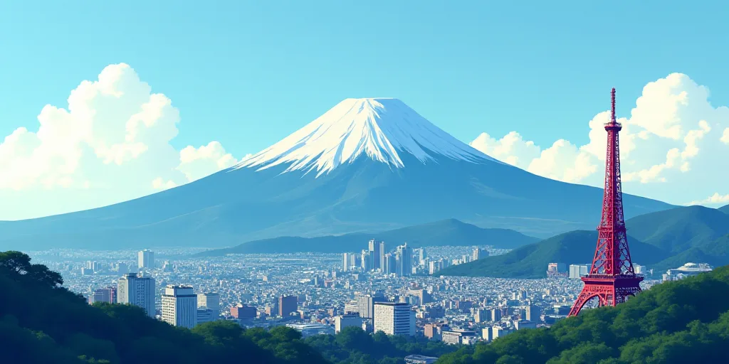 a city with a mountain in the background and a red tower in the foreground with a blue sky, Ai-Mitsu