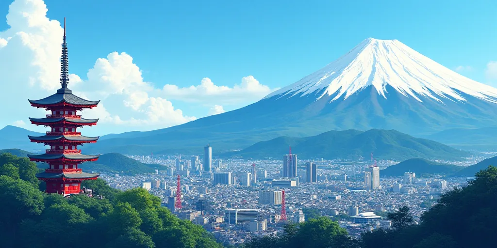 a city with a mountain in the background and a red tower in the foreground with a blue sky, Ai-Mitsu