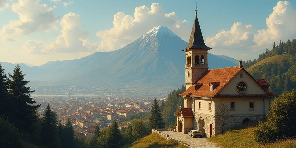 a city with a mountain in the background and a building with a clock on it's side and a steeple in t