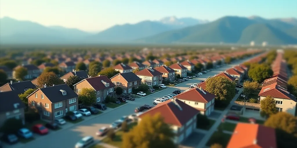 a city with lots of houses and cars parked in front of them and mountains in the background in the d