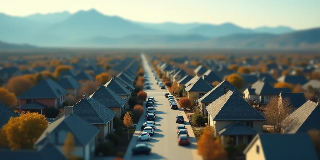 a city with lots of houses and cars parked in front of them and mountains in the background in the d