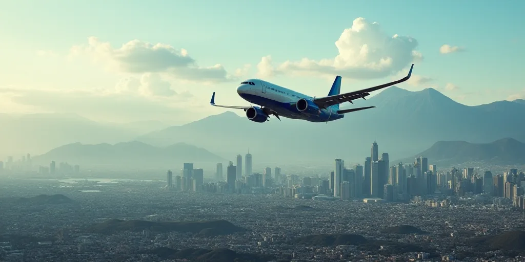 a city with mountains in the background and a plane flying over it in the foreground of the picture,
