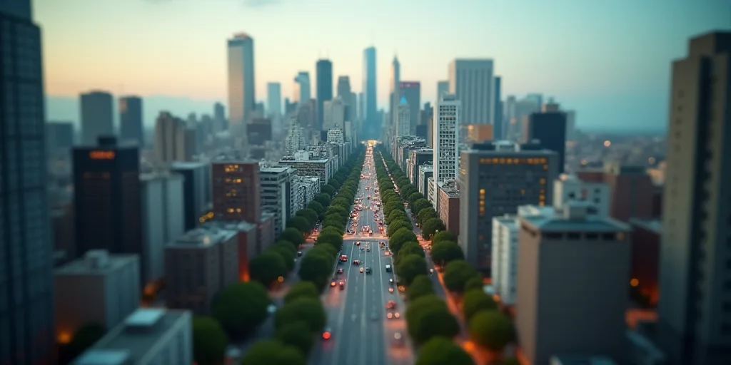 a city with tall buildings and a street in the middle of it, with a sky line in the background, Edua