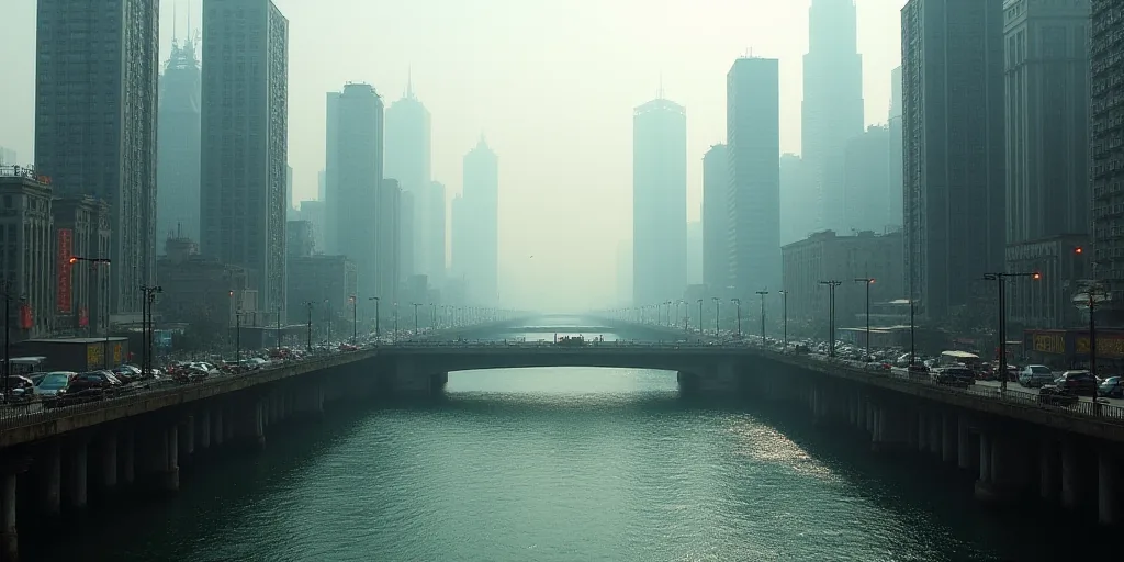 a city with tall buildings and a river running through it with a bridge in the foreground and a brid