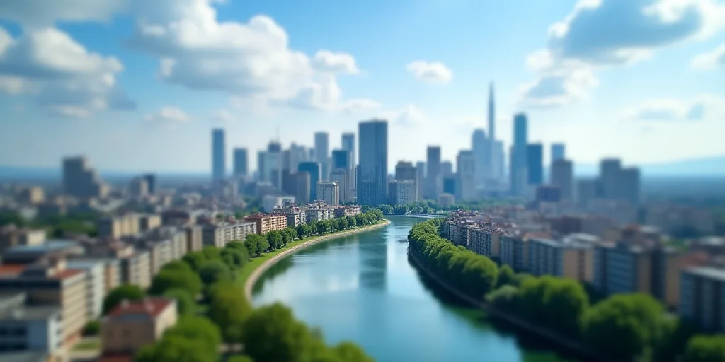 a city with tall buildings and a river in the background with a blue sky and clouds in the backgroun
