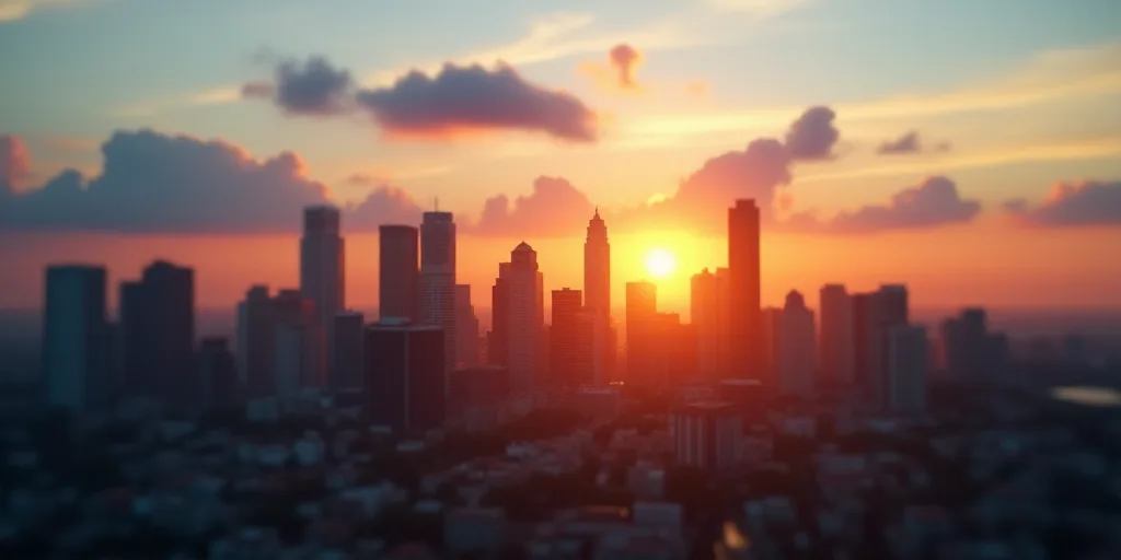 a city with tall buildings and a sky line in the background at sunset or sunrise with a few clouds,