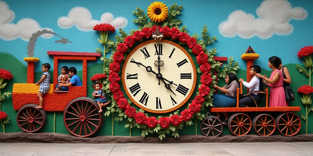 a clock made of flowers and people on a train ride in front of it with a clock on the side, Cao Zhib