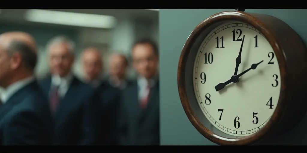 a clock with a group of men in the background with a blurry image of a clock face in the foreground,
