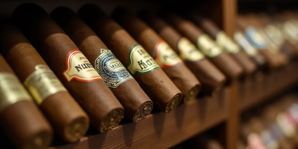 a close up of a bunch of cigars on a shelf with labels on them and a few others, Enguerrand Quarton,