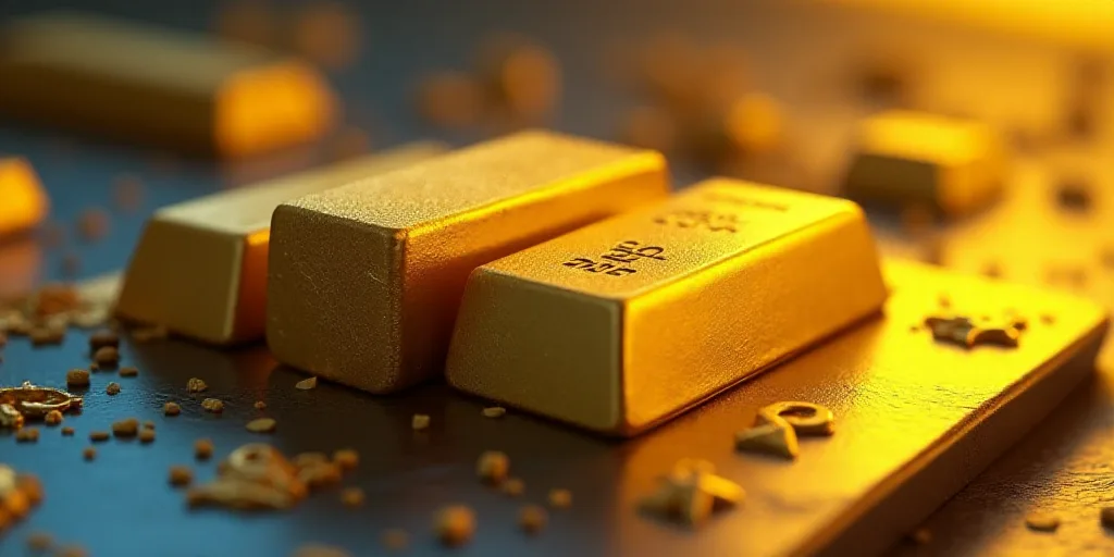 a close up of a bunch of gold bars on a table with a blue background and a yellow background, Andrie