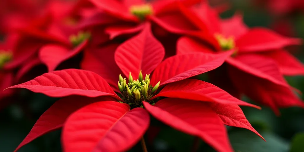 a close up of a bunch of red poinsettias with green leaves and buds on them,, Boetius Adamsz Bolswer