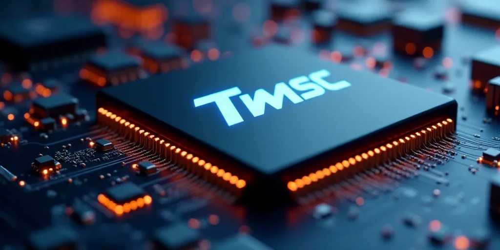 a close up of a computer chip with the logo of the tmsc on it and a circuit board, Arnold Mesches, r