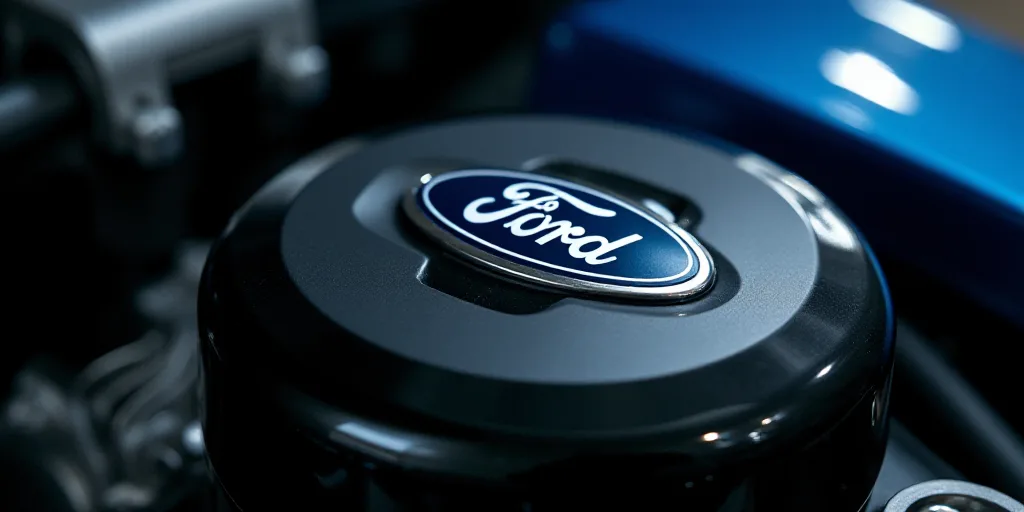 a close up of a ford emblem on a motorcycle engine with a black background and a blue background wit