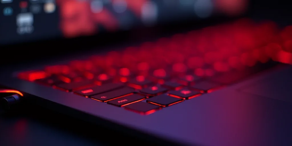 a close up of a laptop with a logo on it's keyboard and a red light behind it, Ai-Mitsu, raytracing,