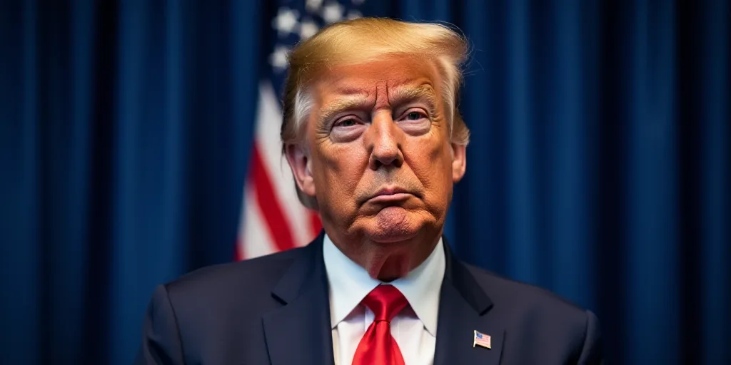 a close up of a person in a suit and tie with an american flag behind him and a blue curtain, Donald