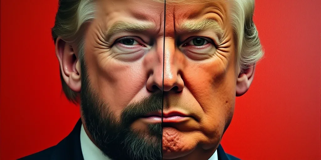 a close up of a person with a beard and a donald trump face next to each other with a red background