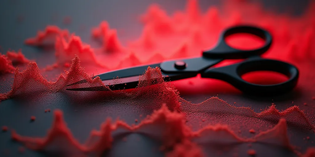 a close up of a sound wave on a piece of paper with a pair of scissors in it and a red and black bac