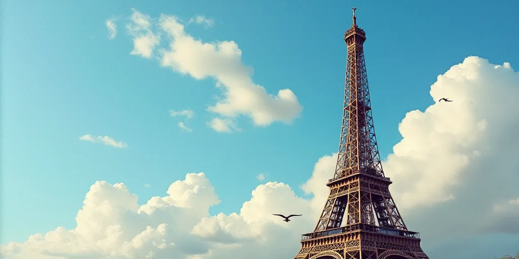 a close up of the eiffel tower against a blue sky with clouds in the background, with a small bird f