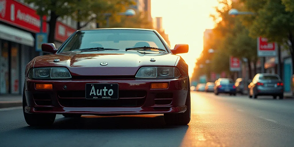 a close up of the front of a car on a street with trees in the background and a red and white sign t