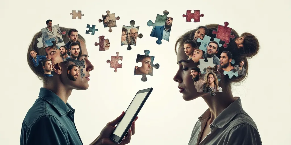 a collage of people with puzzle pieces in their head and a woman holding a tablet computer in her ha