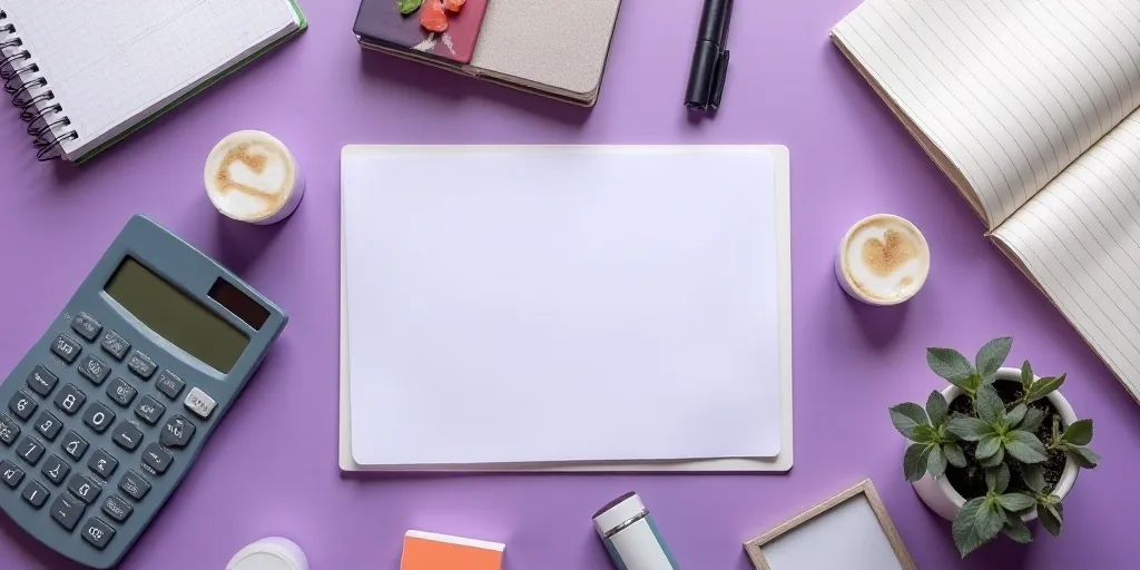 a collage of photos with a calculator, a notebook, and a calculator in it, Eden Box, purple, a stock
