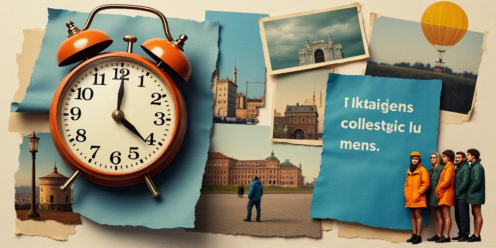 a collage of photos with a clock and a blue paper with a word on it and a group of people, Bela Čik