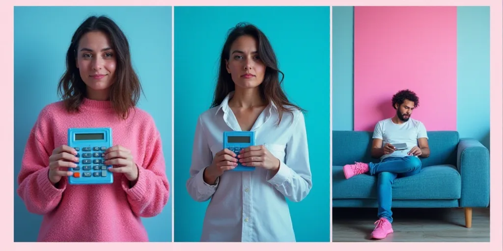 a collage of photos with a woman and a calculator and a man sitting on a couch, Évariste Vital Lumi