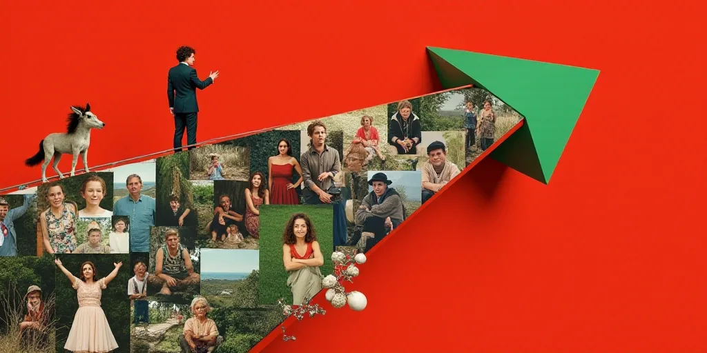 a collage of pictures with people and animals in them and a red background with a green arrow pointi