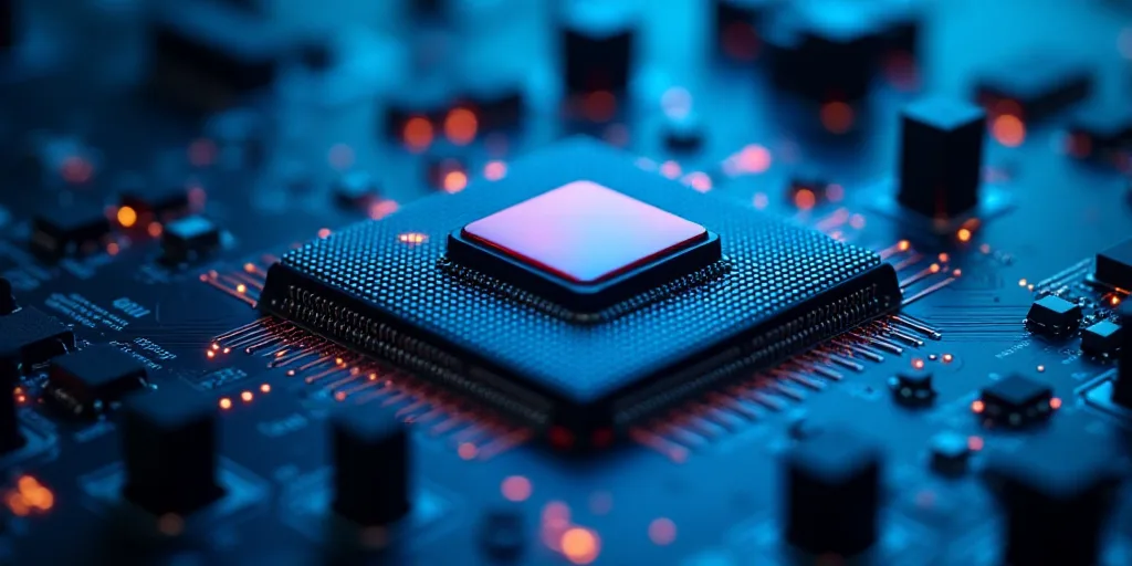 a computer chip on a circuit board with blue lights and circuit boards all over it, with a red butto