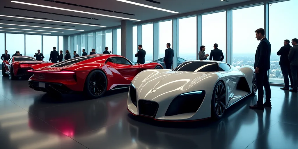 a couple of cars are on display at a showroom with people looking at them and a man standing next to